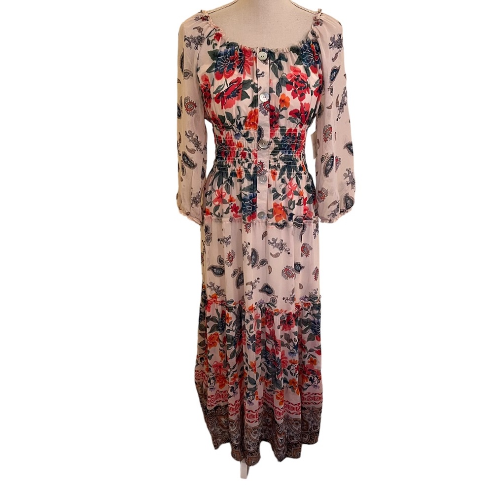 Fig & Flower Floral Block Print Vero Off the Shoulder Smocked Waist Maxi Dress - Picture 2 of 15